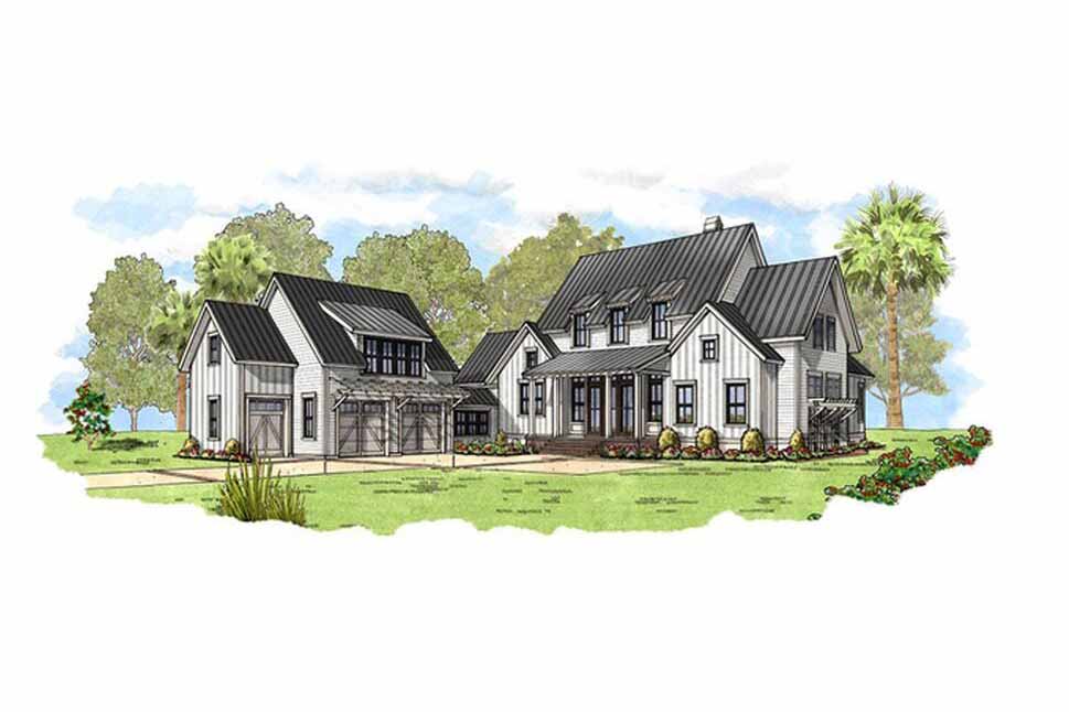 Illustration of a modern farmhouse with a gabled roof, large windows, and porch.