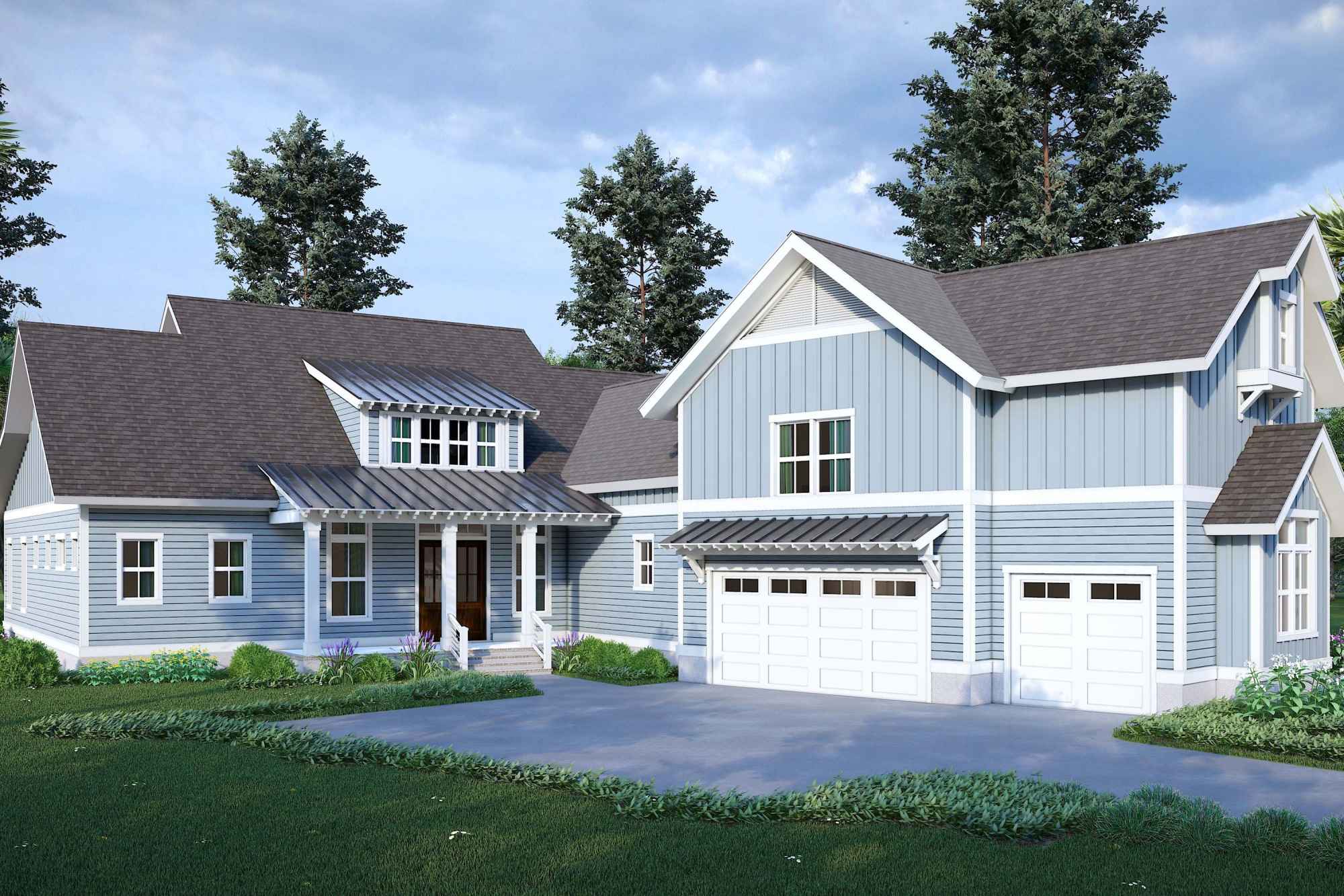 A charming blue contemporary house with white trim, featuring large windows, a covered porch, and a three-car garage, surrounded by lush greenery and tall trees.